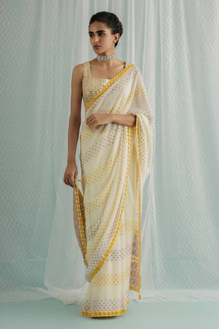 Surbhi Gupta_Ivory Georgette, Cotton, Silk Sequins Siah Polka Dot Print Saree With Blouse _Online_at_Aza_Fashions