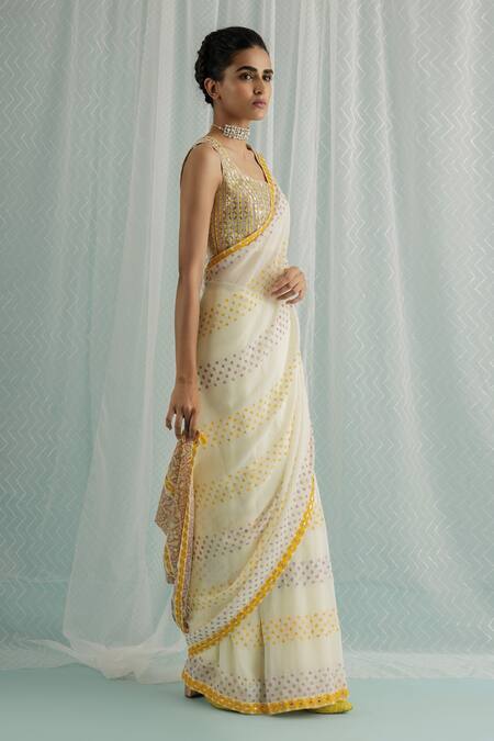 Buy_Surbhi Gupta_Ivory Georgette, Cotton, Silk Sequins Siah Polka Dot Print Saree With Blouse _Online_at_Aza_Fashions