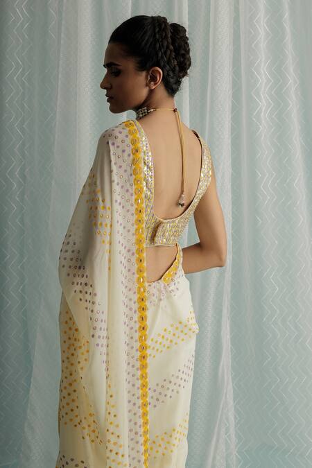Shop_Surbhi Gupta_Ivory Georgette, Cotton, Silk Sequins Siah Polka Dot Print Saree With Blouse _Online_at_Aza_Fashions