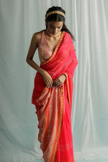 Buy Surbhi Gupta Pink Georgette, Cotton, Silk Siah Geometric Block Print Saree With Blouse Online at Aza Fashions Buy_Surbhi Gupta_Pink Georgette, Cotton, Silk Siah Geometric Block Print Saree With Blouse _Online_at_Aza_Fashions