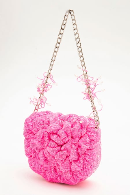 Doux Amour_Pink Embellished 3d Floral Bag _Online_at_Aza_Fashions