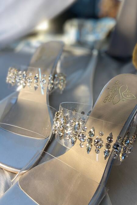 SCHON ZAPATO Silver Embroidered Embellished Transparent Heels Online at Aza Fashions SCHON ZAPATO_Silver Embroidered Embellished Transparent Heels _Online_at_Aza_Fashions