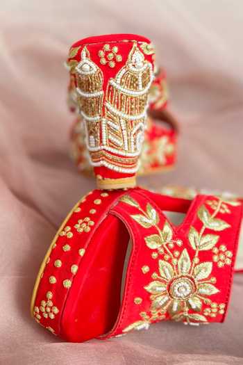 Schon Zapato Red Embroidered Laila Embellished Wedges Online at Aza Fashions Schon Zapato_Red Embroidered Laila Embellished Wedges _Online_at_Aza_Fashions