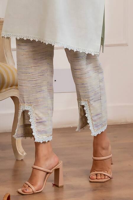 Shop_Pairaahan_Blue Linen Embroidered Mirror Work Lace Embellished Kurta With Self Design Pant_Online_at_Aza_Fashions