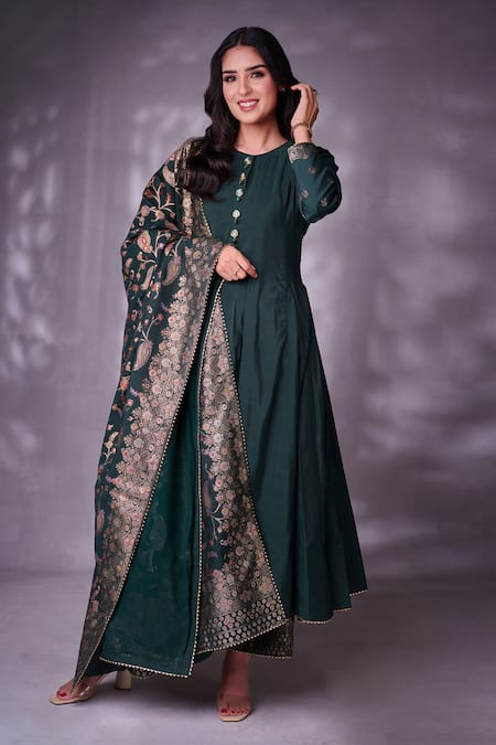 Safaa Green Lining Shantoon, Moonga Silk Floral Pattern Round Woven Anarkali Set Online at Aza Fashions Safaa_Green Lining Shantoon, Moonga Silk Floral Pattern Round Woven Anarkali Set _Online_at_Aza_Fashions