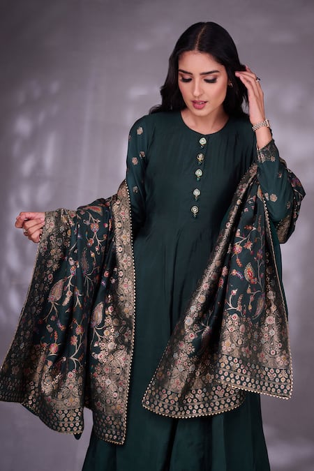 Buy Safaa Green Lining Shantoon, Moonga Silk Floral Pattern Round Woven Anarkali Set Online at Aza Fashions Buy_Safaa_Green Lining Shantoon, Moonga Silk Floral Pattern Round Woven Anarkali Set _Online_at_Aza_Fashions