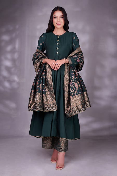 Shop Safaa Green Lining Shantoon, Moonga Silk Floral Pattern Round Woven Anarkali Set Online at Aza Fashions Shop_Safaa_Green Lining Shantoon, Moonga Silk Floral Pattern Round Woven Anarkali Set _Online_at_Aza_Fashions