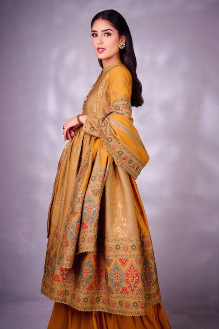 Safaa Yellow Lining Shantoon, Moonga Silk Floral Pattern Woven Anarkali Sharara Set Online at Aza Fashions Safaa_Yellow Lining Shantoon, Moonga Silk Floral Pattern Woven Anarkali Sharara Set_Online_at_Aza_Fashions
