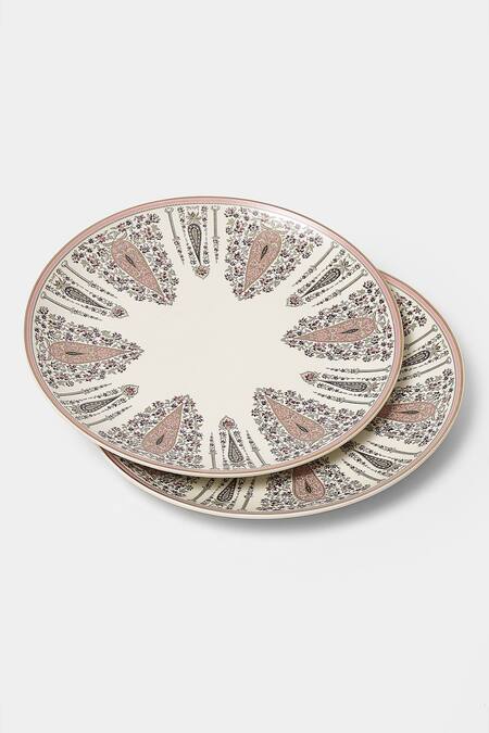 Buy_Ritu Kumar_Beige Printed Minar Dinner Plates Set Of 2_Online_at_Aza_Fashions