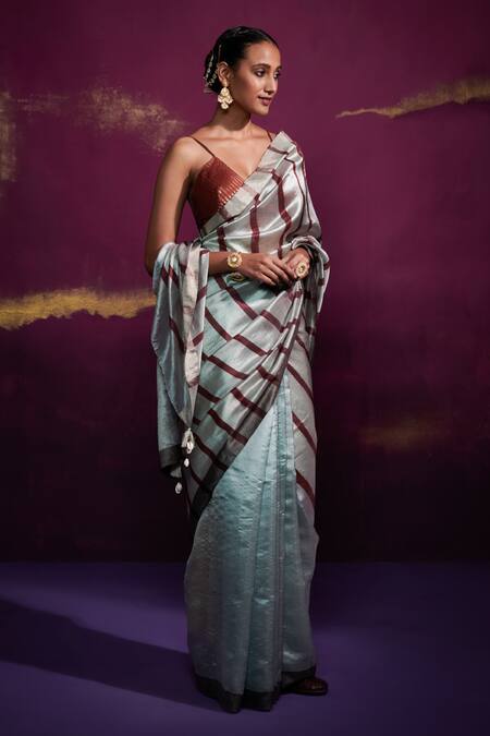 Dressfolk_Blue Pure 100% Handloom Silk Stripe Pattern Saree _Online_at_Aza_Fashions