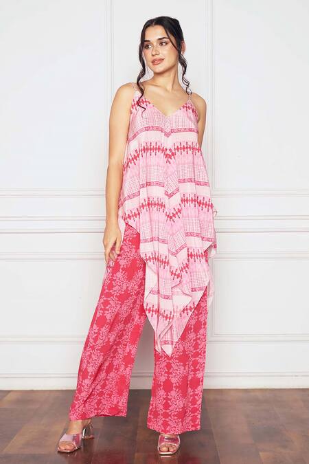 SAKSHI GIRRI Pink Crepe Embroidery V-neck Abstract Print Asymmetrical Tunic And Palazzo Set Online at Aza Fashions SAKSHI GIRRI_Pink Crepe Embroidery V-neck Abstract Print Asymmetrical Tunic And Palazzo Set_Online_at_Aza_Fashions