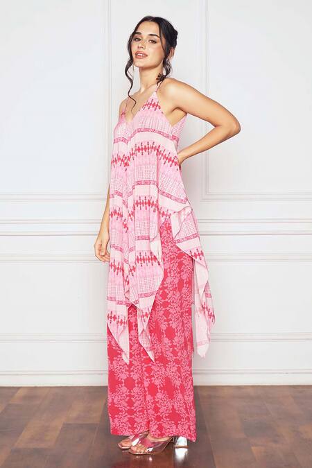 Buy SAKSHI GIRRI Pink Crepe Embroidery V-neck Abstract Print Asymmetrical Tunic And Palazzo Set Online at Aza Fashions Buy_SAKSHI GIRRI_Pink Crepe Embroidery V-neck Abstract Print Asymmetrical Tunic And Palazzo Set_Online_at_Aza_Fashions