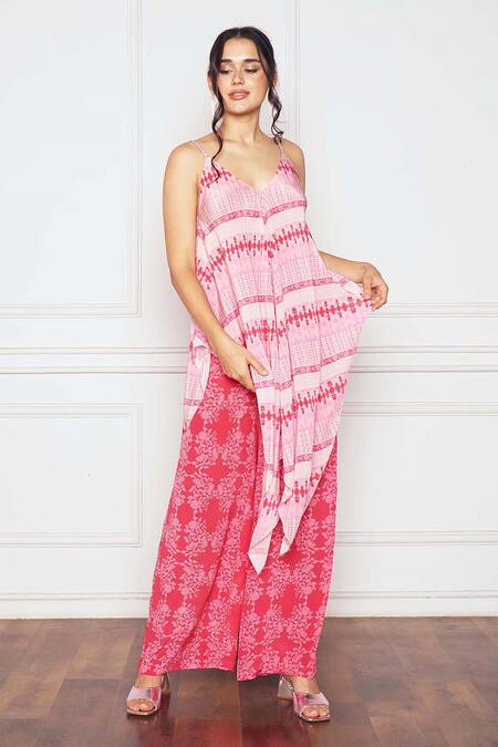 Shop SAKSHI GIRRI Pink Crepe Embroidery V-neck Abstract Print Asymmetrical Tunic And Palazzo Set Online at Aza Fashions Shop_SAKSHI GIRRI_Pink Crepe Embroidery V-neck Abstract Print Asymmetrical Tunic And Palazzo Set_Online_at_Aza_Fashions