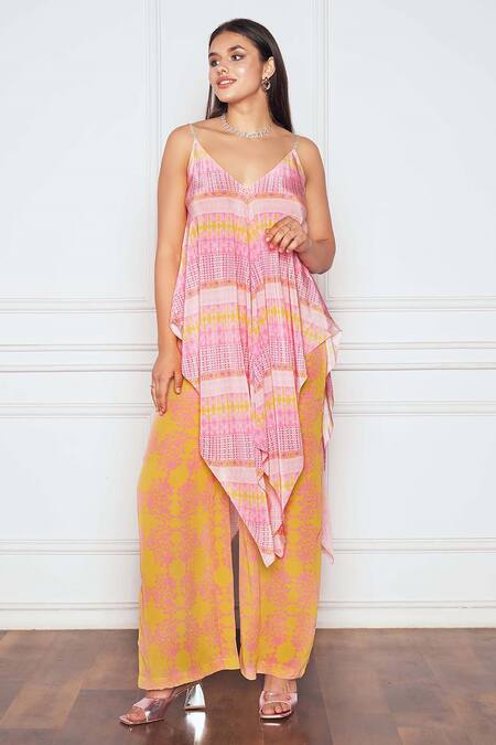 Buy_Sakshi Girri_Pink Crepe Embroidery V-neck Abstract Print Tunic And Palazzo Set _Online_at_Aza_Fashions