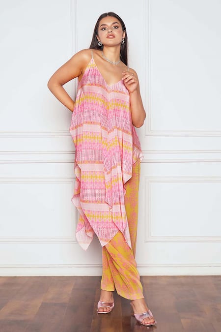 Shop_Sakshi Girri_Pink Crepe Embroidery V-neck Abstract Print Tunic And Palazzo Set _Online_at_Aza_Fashions