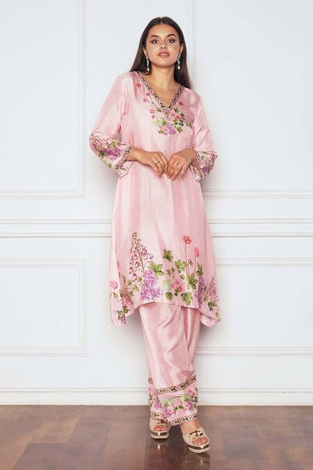 SAKSHI GIRRI_Pink Silk Embroidery V-neck Printed Kurta And Palazzo Set_Online_at_Aza_Fashions