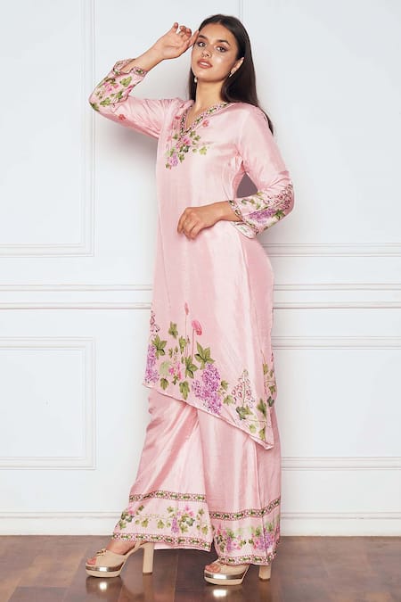 Buy_SAKSHI GIRRI_Pink Silk Embroidery V-neck Printed Kurta And Palazzo Set_Online_at_Aza_Fashions