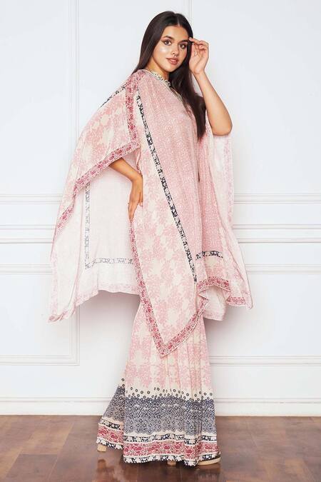 Buy_Sakshi Girri_Pink Crepe Stones V-neck Vintage Print Kaftan And Sharara Set _Online_at_Aza_Fashions