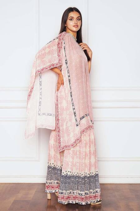 Shop_Sakshi Girri_Pink Crepe Stones V-neck Vintage Print Kaftan And Sharara Set _Online_at_Aza_Fashions