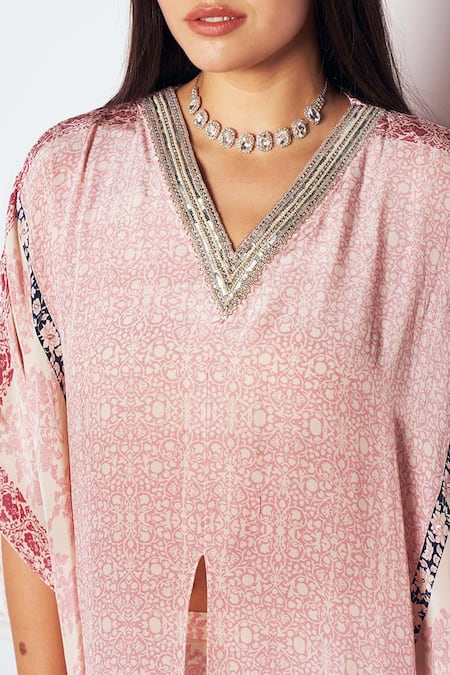 Sakshi Girri_Pink Crepe Stones V-neck Vintage Print Kaftan And Sharara Set _at_Aza_Fashions