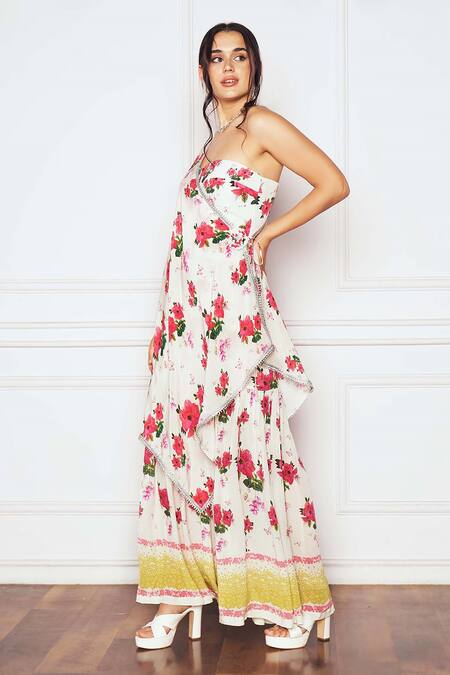 Shop_SAKSHI GIRRI_Ivory Crepe Embroidery Sweetheart Neck Floral Print Pre-draped Sharara Saree Set_Online_at_Aza_Fashions