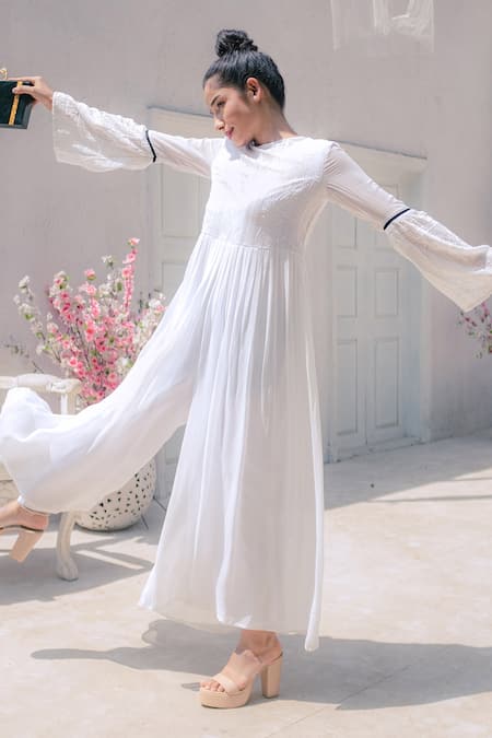 Buy_Monk & Mei By Sonia Anand_White Georgette Embroidery Round Neck Chikankari Flared Jumpsuit _Online_at_Aza_Fashions