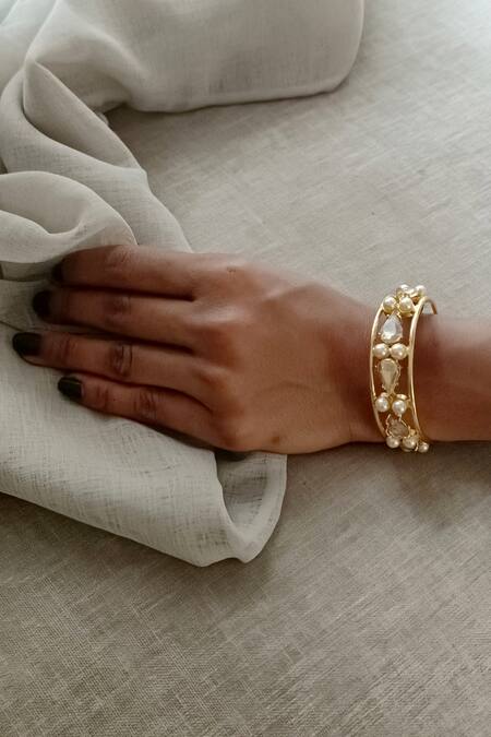 Shop_Bblingg_Gold Plated Crystals, Smocking, Pearls Samara Embellished Cuff _Online_at_Aza_Fashions