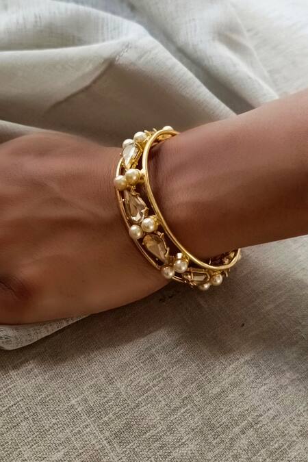 Buy_Bblingg_Gold Plated Crystals, Smocking, Pearls Samara Embellished Cuff _Online_at_Aza_Fashions
