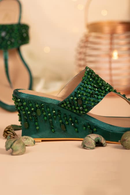 Shop House Of Vian Green Beads, Stones Samara Embroidered Wedges Online at Aza Fashions Shop_House Of Vian_Green Beads, Stones Samara Embroidered Wedges _Online_at_Aza_Fashions