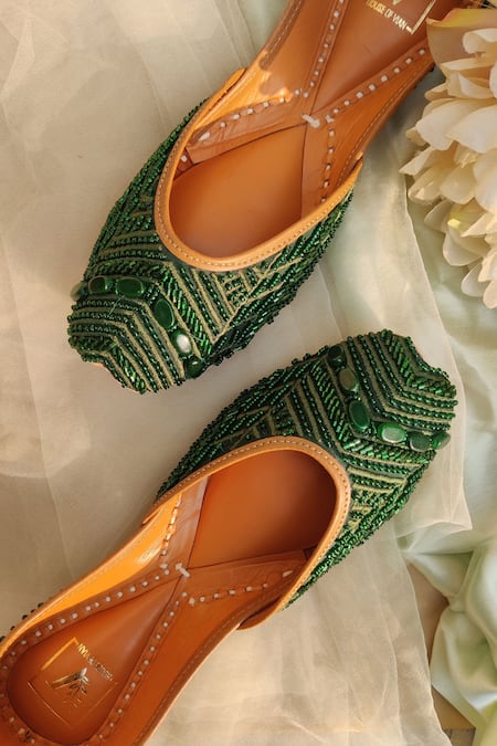 House Of Vian_Green Samara Embroidered Juttis _Online_at_Aza_Fashions