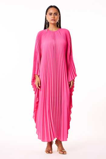 Scarlet Sage_Fuchsia Polyester Round Neck Sarah Maxi Kaftan_Online_at_Aza_Fashions