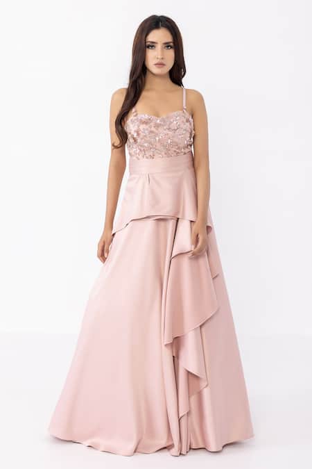 Sartoriale_Pink Silk, Satin Embroidery Sweetheart Neck Floral Bodice Gown _Online_at_Aza_Fashions