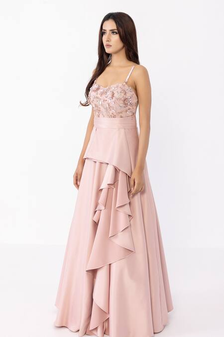 Buy_Sartoriale_Pink Silk, Satin Embroidery Sweetheart Neck Floral Bodice Gown _Online_at_Aza_Fashions