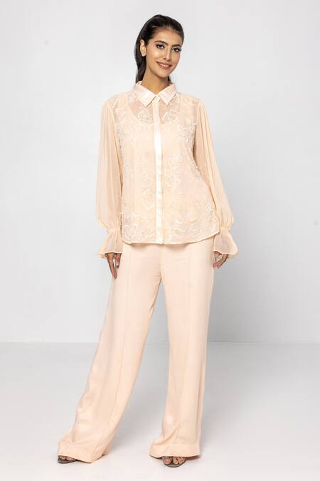 Sartoriale_Peach Viscose Sequins, Embroidery Collared Thread Hand Shirt And Pant Set _Online_at_Aza_Fashions