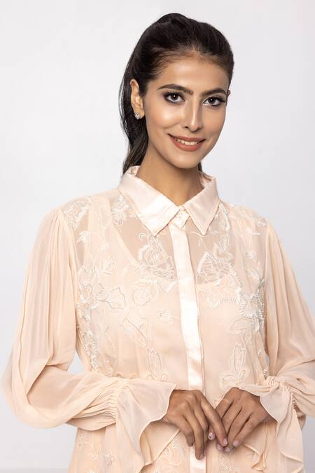 Buy_Sartoriale_Peach Viscose Sequins, Embroidery Collared Thread Hand Shirt And Pant Set _Online_at_Aza_Fashions