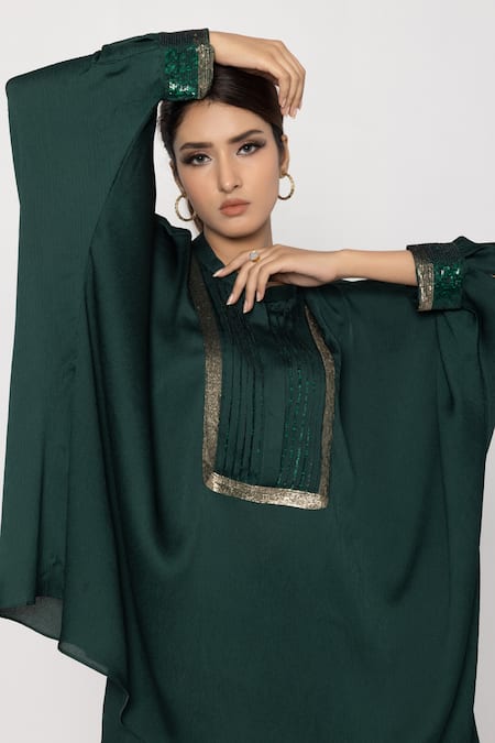 Sartoriale_Green Viscose Sequins Bandeau Neck Yoke Hand Embroidered Top And Pant Set _Online_at_Aza_Fashions