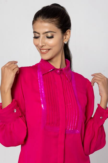 Sartoriale Fuchsia Viscose Embroidery, Sequins Collared Hand Shirt And Pant Set Online at Aza Fashions Sartoriale_Fuchsia Viscose Embroidery, Sequins Collared Hand Shirt And Pant Set _Online_at_Aza_Fashions
