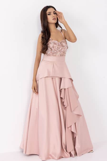 Buy_Sartoriale_Pink Silk, Satin Embroidery Sweetheart Neck Floral Bodice Gown 
