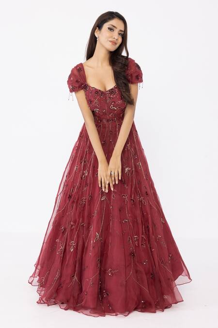 Sartoriale_Wine Organza Embroidery Sweetheart Neck Floral Ball Gown _Online_at_Aza_Fashions