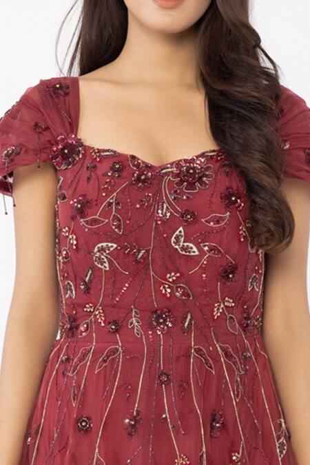 Buy_Sartoriale_Wine Organza Embroidery Sweetheart Neck Floral Ball Gown _Online_at_Aza_Fashions