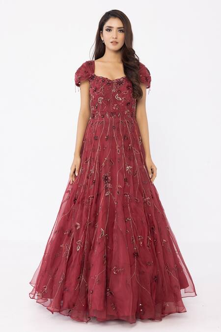 Shop_Sartoriale_Wine Organza Embroidery Sweetheart Neck Floral Ball Gown _Online_at_Aza_Fashions