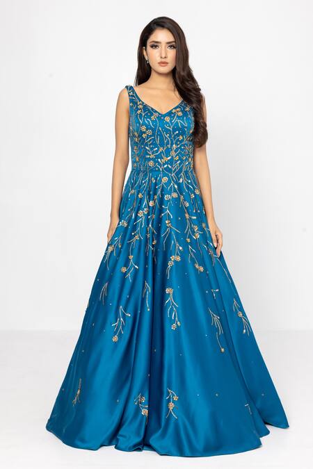 Buy Sartoriale Blue Satin, Polyester Embroidery V-neck Floral Motifs Gown Online at Aza Fashions Buy_Sartoriale_Blue Satin, Polyester Embroidery V-neck Floral Motifs Gown_Online_at_Aza_Fashions