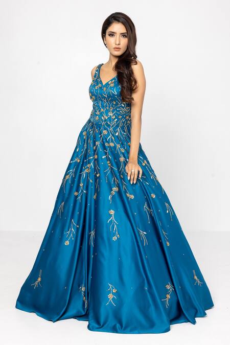 Sartoriale Blue Satin, Polyester Embroidery V-neck Floral Motifs Gown at Aza Fashions Sartoriale_Blue Satin, Polyester Embroidery V-neck Floral Motifs Gown_at_Aza_Fashions