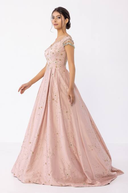 Sartoriale_Pink Viscose Embroidery One Shoulder Floral And Pleated Gown _Online_at_Aza_Fashions