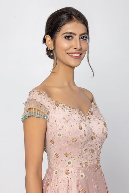 Buy_Sartoriale_Pink Viscose Embroidery One Shoulder Floral And Pleated Gown _Online_at_Aza_Fashions