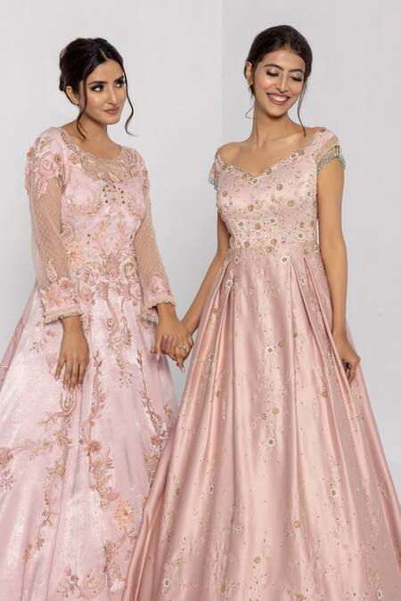 Shop_Sartoriale_Pink Viscose Embroidery One Shoulder Floral And Pleated Gown _Online_at_Aza_Fashions