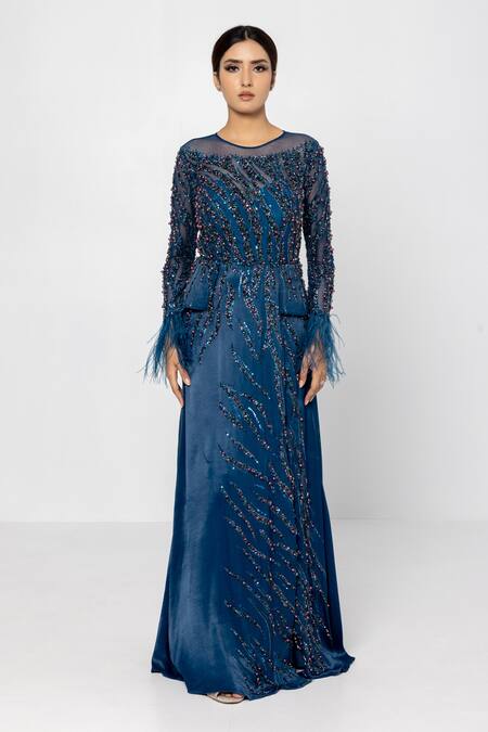Sartoriale_Blue Satin, Polyester Beads, Feathers Round Neck Abstract Embroidered Gown _Online_at_Aza_Fashions