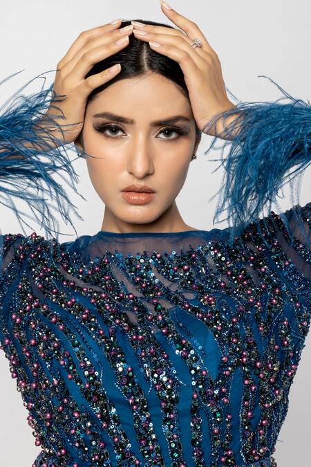 Buy_Sartoriale_Blue Satin, Polyester Beads, Feathers Round Neck Abstract Embroidered Gown _Online_at_Aza_Fashions