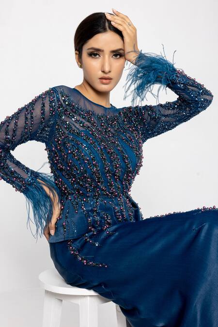 Shop_Sartoriale_Blue Satin, Polyester Beads, Feathers Round Neck Abstract Embroidered Gown _Online_at_Aza_Fashions