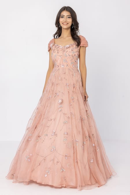 Sartoriale Pink Organza, Viscose Embroidery V-neck Floral Silk Gown Online at Aza Fashions Sartoriale_Pink Organza, Viscose Embroidery V-neck Floral Silk Gown _Online_at_Aza_Fashions